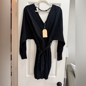 Black Ribbed Wrap Sweater Dress with Waist Tie